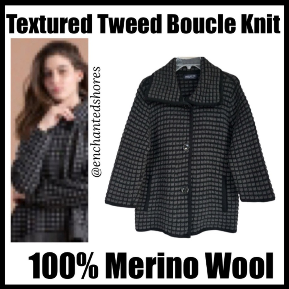 Vintage Sweater Coat Merino Wool 3D Textured Knit Collar Button Gray Size Large